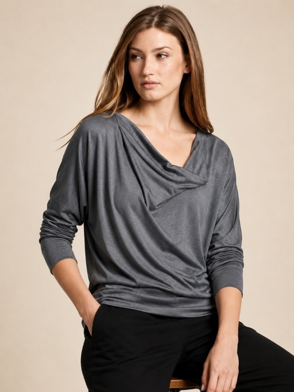 Eileen Fisher Drape Neck Silk Cotton Top Gray Dolman Sleeve Minimalist Women PL